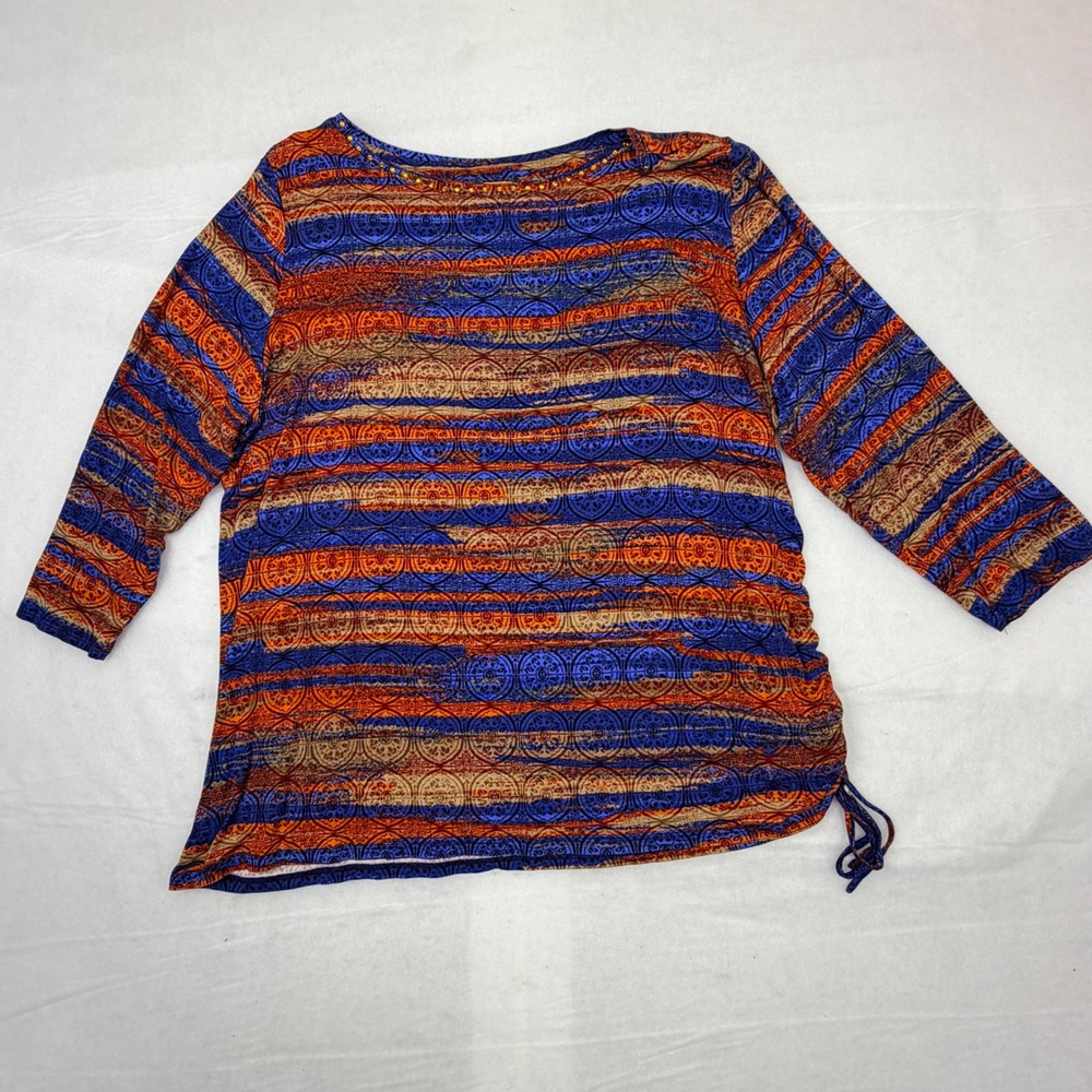 Blue Orange Hippie Boho Medallion Stripe‎ Beaded Neck 3/4 Sleeve Cinched Top 2X